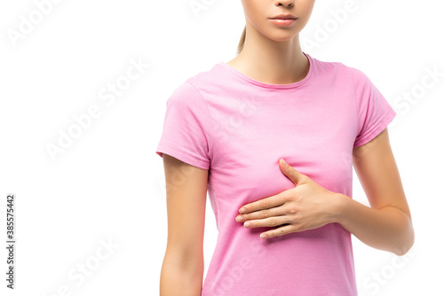 Cropped view of young woman with hand on breast isolated on white, concept of breast cancer