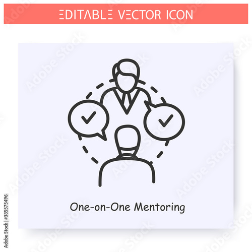One on one mentoring line icon.Mentor shares experience to mentee.Individual training.Job interview.Guidance consulting in business, finance or management.Isolated vector illustration.Editable stroke 