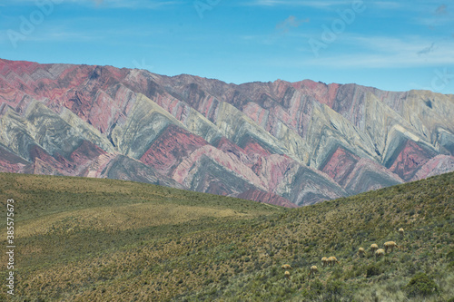 Ladera de montaña seca colorida con grupos de animales pastando © Agustín Jemic