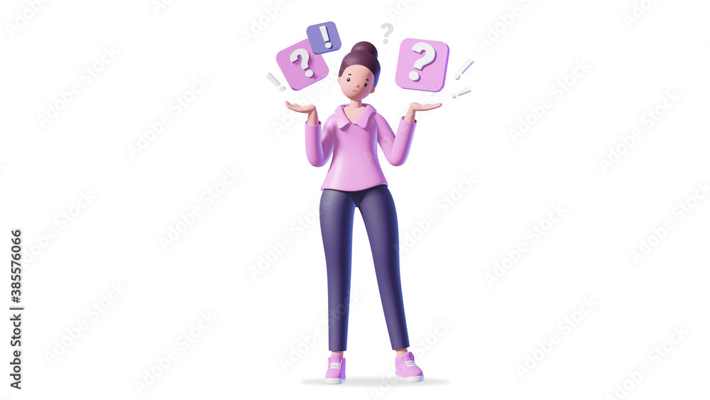 Illustration of 3d woman with question and exclamation marks on white background