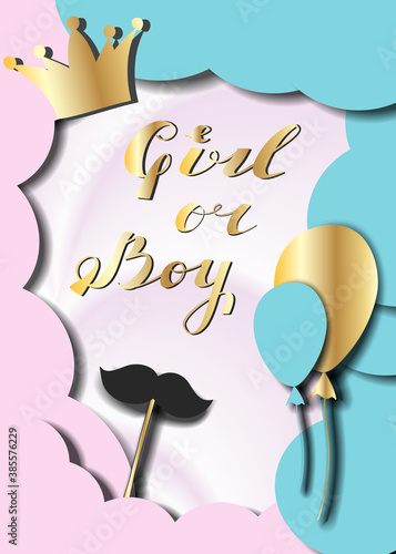 Colorful card with the words "boy or girl" for a gender reveal party. Original, cute, paper cut style. Vector illustration can be increased without loss of quality.