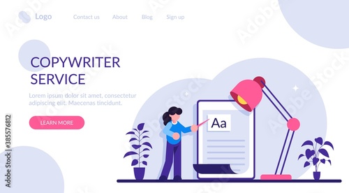 Copywriting job, home based copywriter, freelance copywriting concept. Copywriter writting creative advertising text. Modern flat illustration.