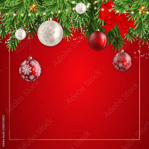 Christmas Background with fir and balls on transparent background. Vector Ill...