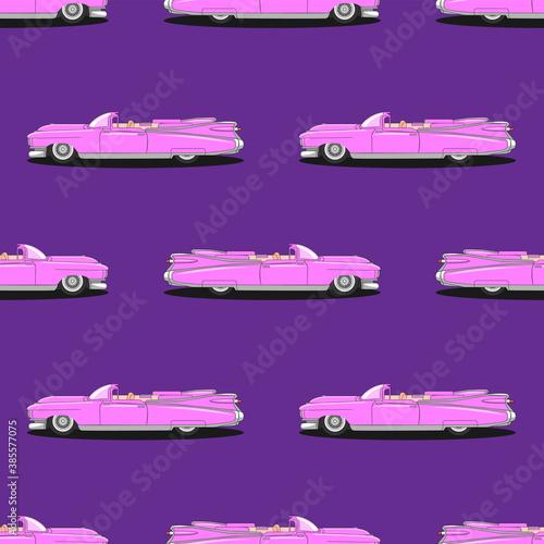 seamless retro pink car pattern on purple background. Vector image