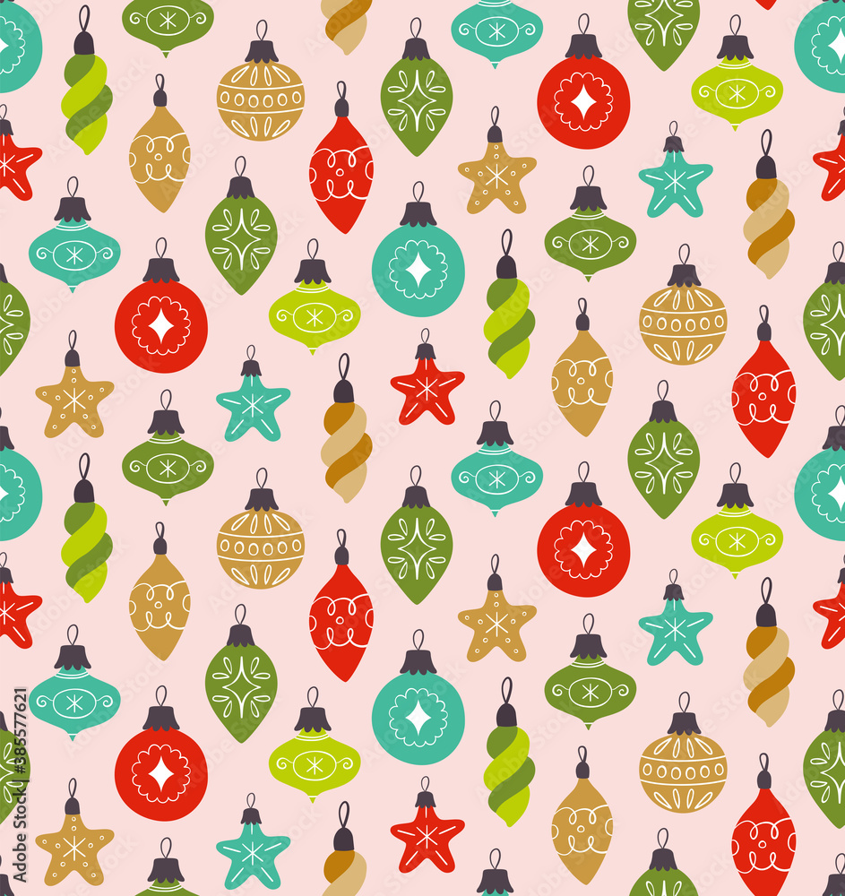 Christmas seamless pattern with cute decorative ball ornaments, isolated on pink background. EPS 10 vector illustration.
