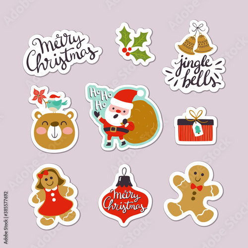 Collection of Christmas stickers with cute letterings  character designs and elements. Eps10 vector illustration.
