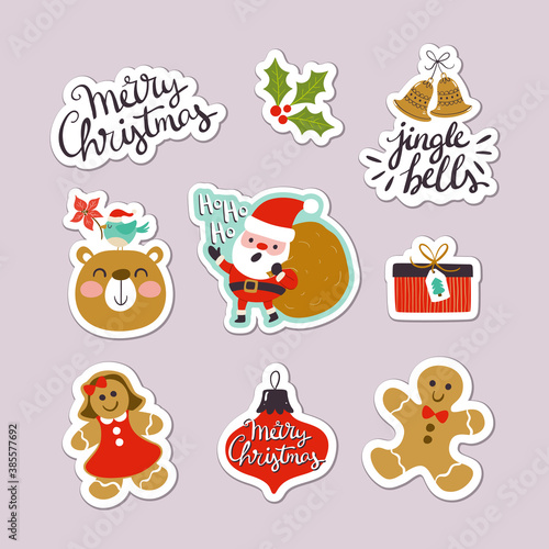 Collection of Christmas stickers with cute letterings, character designs and elements. Eps10 vector illustration.