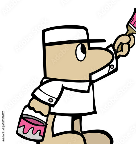 Isolated cute painter character painting a wall. Cartoon style vector illustration.