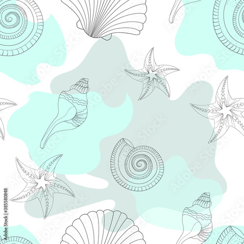 Childrens texture. Sea shells and stains. Starfish. Patterned in shades of turquoise colors. Seamless vector pattern.