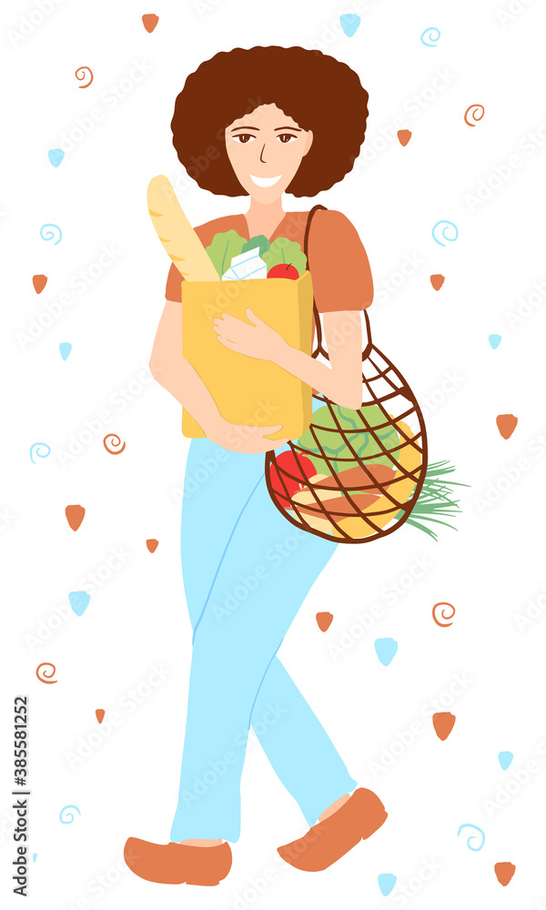 Fototapeta premium Young smiling woman holding paper and mesh net bag with natural daily products. Cartoon flat style person carrying package with fruit, bread. Zero waste, eco friendly concept, environnement protection
