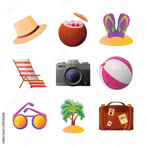 summer vacation travel, set of icons tourism recreation related detailed style