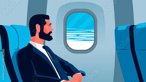 Vector flat illustration of a businessman on the plane looking out the window. Bearded man in suit on business trip by first class flight. Person aboard plane looking through the window at the clouds