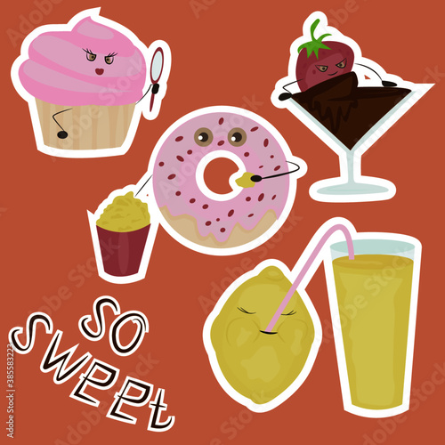Cupcake, donut, strawberry, lemon stickers