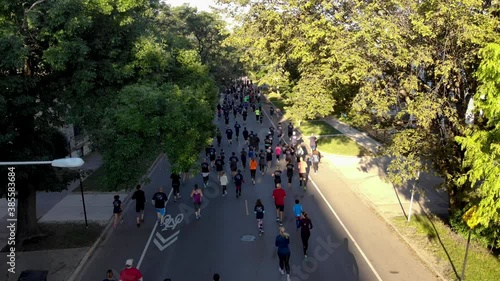 Runners on City Street Covered by Green Trees and Sunlight photo