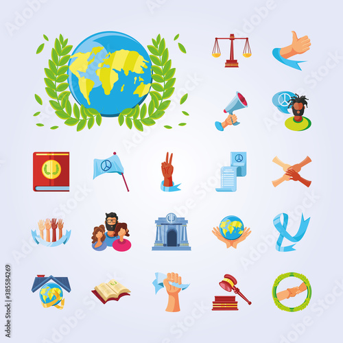international human rights, collection icons world flag justice ribbon awareness detailed