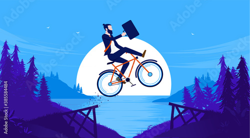 Business risk - Businessman doing a  stunt jump on bike outdoors. Challenge, obstacle and difficulty concept. Vector illustration.