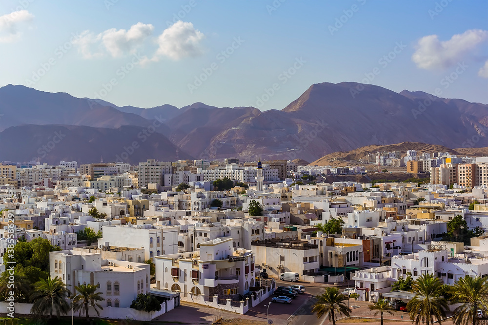 An early morning  view across Muscat, Oman towards the distant mountains in late summer