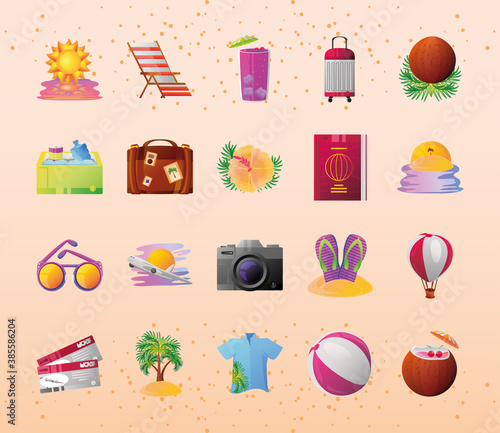 summer vacation travel, icons related recreation adventure and tourism detailed style