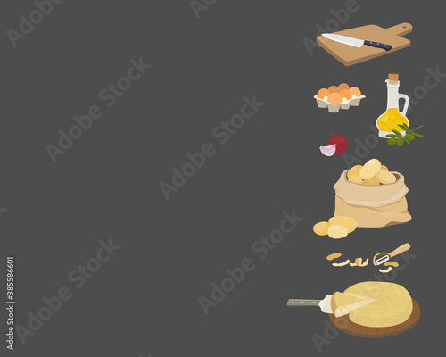 Vector background with copy place. Spanish potato omelette ingredients - tortilla de patata. Olive oil, onions, potatoes, eggs, cutting board and knife.