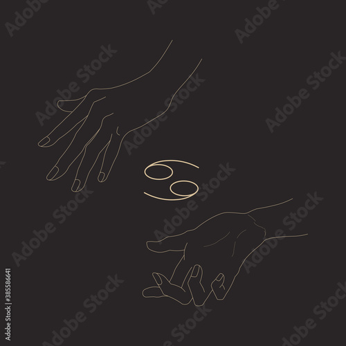 Cancer zodiac glyph and magic hands. Vintage astrological symbols isolated on black. Gesture and zodiac sign. Vector illustration in outline style. Design element for logotype, icon, tattoo, clipart.