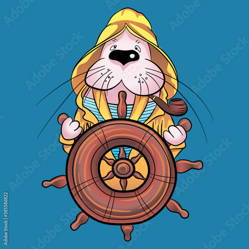 Cute walrus captain in sailor suit at the helm of the ship, cartoon hand drawn vector illustration