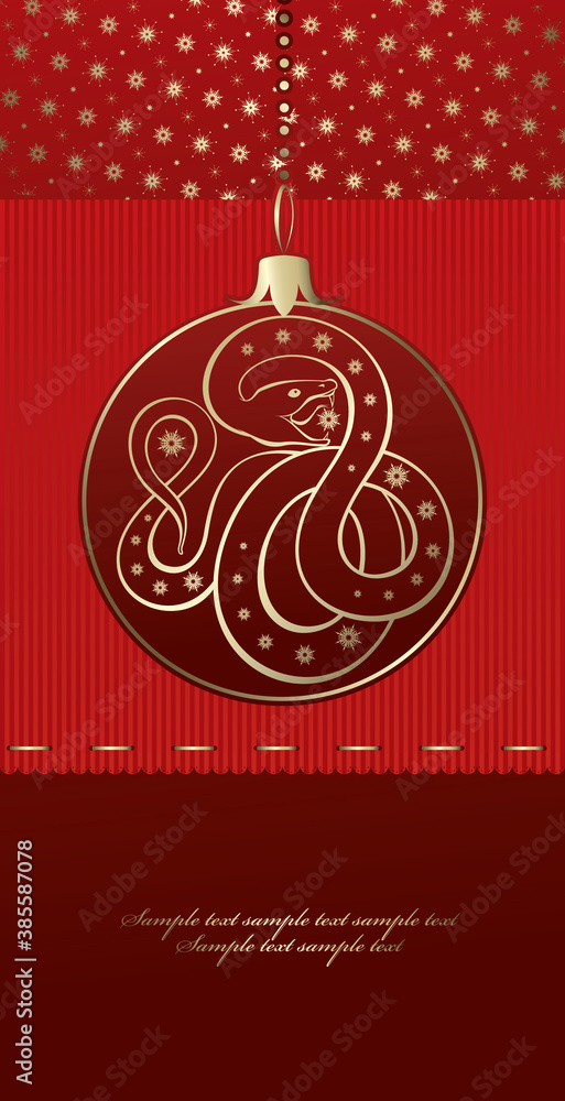 New year banner with golden snake in glass ball and snowflakes on red background. Holidays greeting card with copy space for your text.
