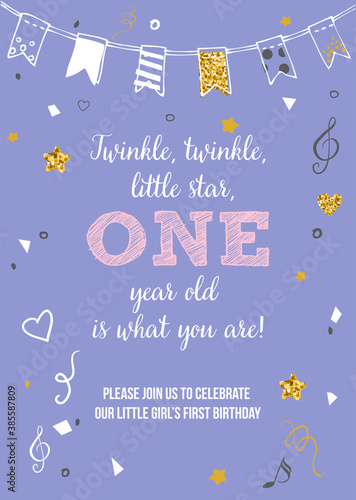 Twinkle, Twinkle, Little Star, Girl's First Birthday One Year Party Printable Invitation Vector Card