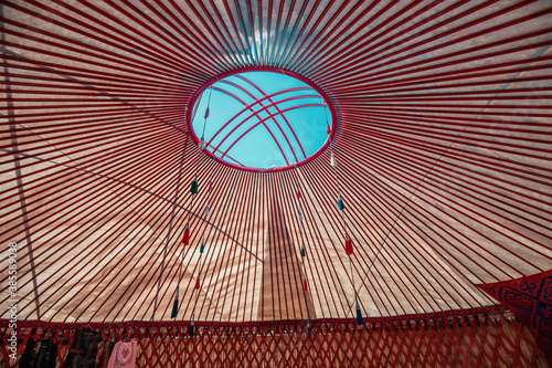 Interior of a Yurt. It is a portable tent house in the culture of Central Asian nomadic peoples. Ethnic and folk patterns for home decoration