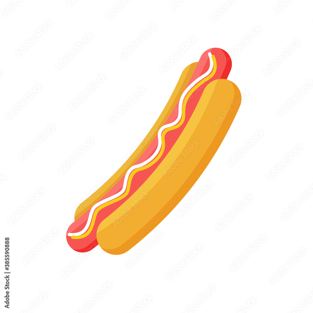 Hot dog. Fast food icon isolated on white background. Flat vector illustration for poster, menus, brochure and web pages. Hot dog. Fast food icon isolated on white background. Flat vector illustration for poster, menus, brochure and web pages.