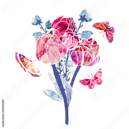 Spring abstract flowers bouquet, alcohol ink texture on background