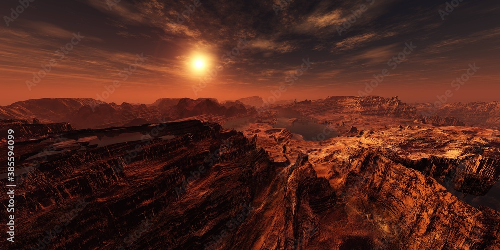 Martian channels, Mars planet surface at sunset, Alien surface of the planet at sunrise, Martian sunset, Mars at sunset, Sunrise on Mars, 3D rendering
 - obrazy, fototapety, plakaty 