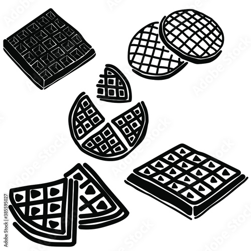 Set of silhouettes of sweet pastry waffles of various shapes, round and rectangular waffles, logo for a bakery or a candy store, vector illustration for design and creativity