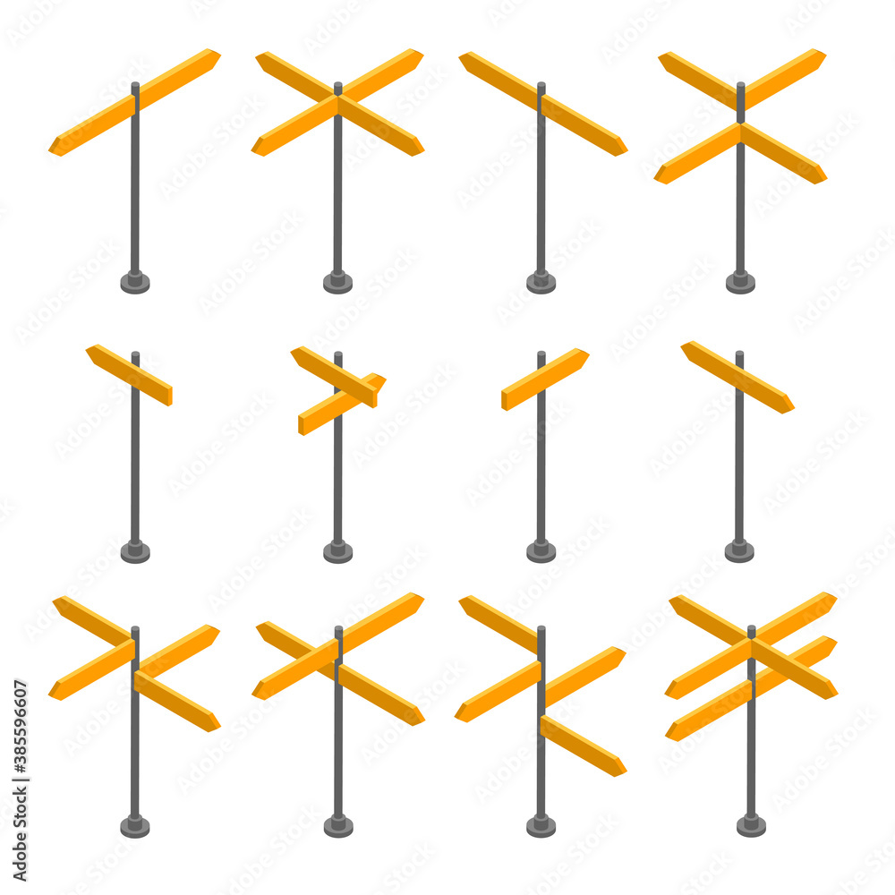 Isometric set of wooden signboards. Empty arrows and planks. Different directions isolated on white background. Flat vector illustration for space for text. Isometric set of wooden signboards. Empty arrows and planks. Different directions isolated on white background. Flat vector illustration for space for text.