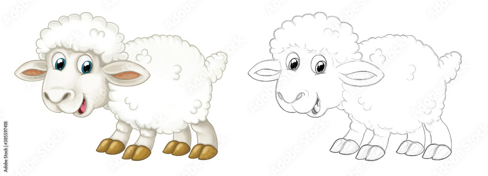 Cartoon sketch scene sheep is standing looking and smiling - illustration