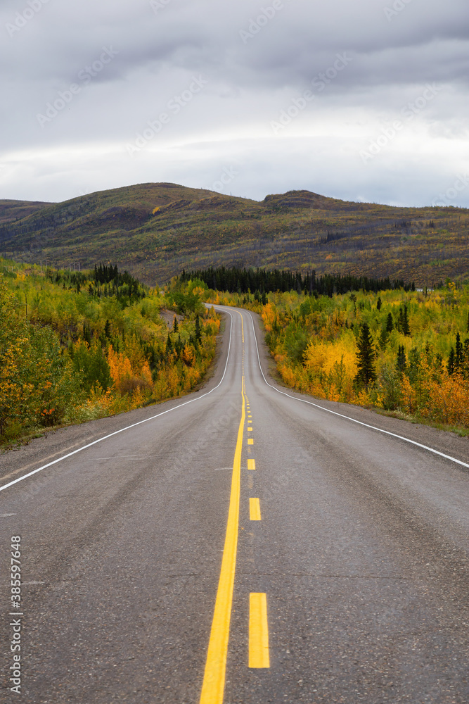 Fototapeta premium View of Scenic Road surrounded by Mountains and Trees on a Fall Day in Canadian Nature. Klondike Highway, Yukon, Canada.