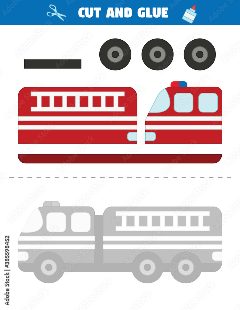 Educational paper game for preschool kids. Transportation theme. Fire truck. Use scissors to cut parts of the car and glue them into a pattern. Cut and glue printable worksheet. Educational paper game for preschool kids. Transportation theme. Fire truck. Use scissors to cut parts of the car and glue them into a pattern. Cut and glue printable worksheet.