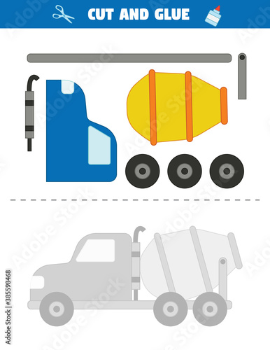 Use scissors to cut parts of the car and glue them into a pattern. Educational printable game for children. Transportation theme. Cement mixer car. Cut and glue task.