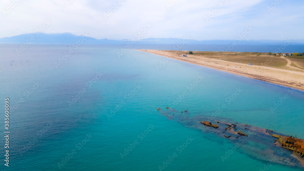 Drone pics over a shipwreck next to a tropical beach in Epanomi, Macedonia, Greece