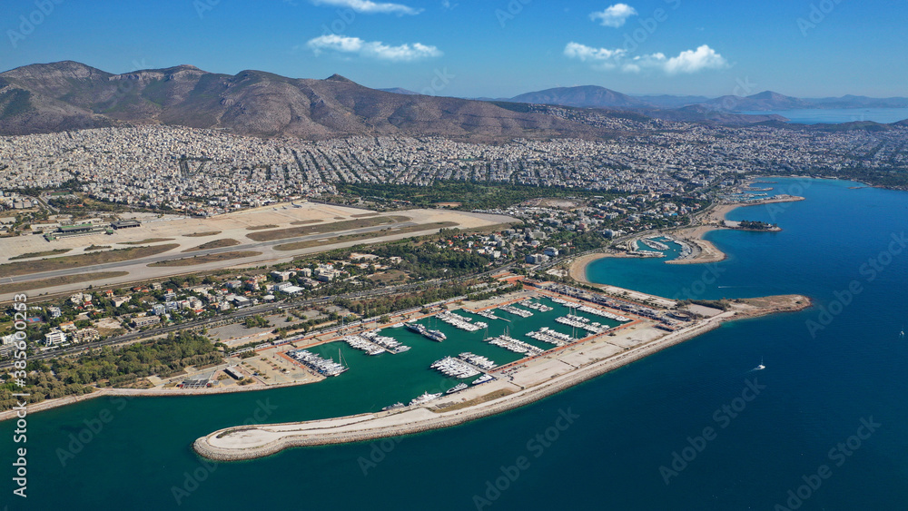 Aerial drone photo of Marina of Agios Kosmas and abandoned former international airport of Athens in Elliniko area, South Athens riviera, Attica, Greece