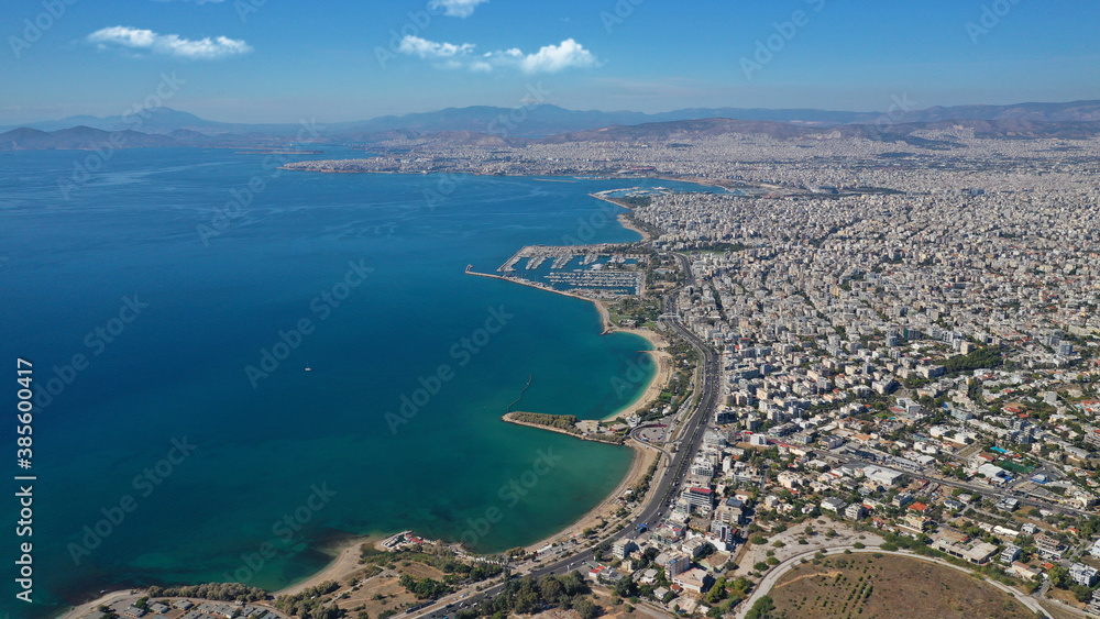 Aerial drone photo of famous seaside area of Athenian riviera of Agios Kosmas well known for former international airport of Athens, Attica, Greece