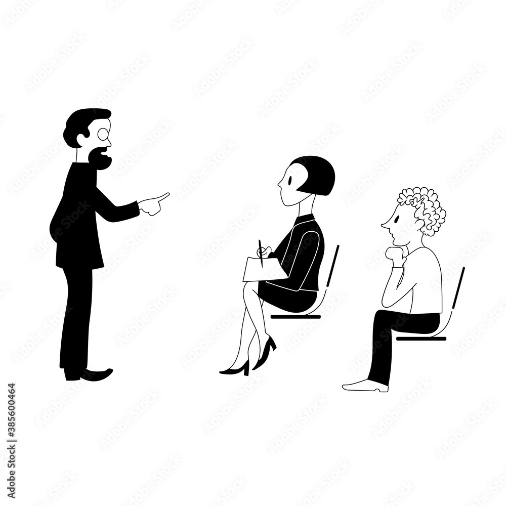 Teacher explains the topic to the audience. Vector illustration. Teacher explains the topic to the audience. Vector illustration.