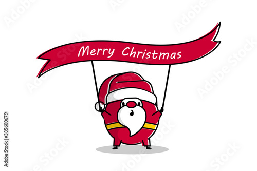 Outline cartoon Santa Claus hold flag for text Merry Christmas greetings. Simple vector illustration for Christmas holiday. Trendy line art Santa with announcements tag.