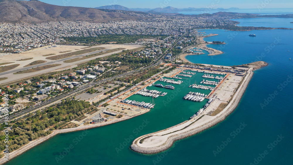 Aerial drone photo of Marina of Agios Kosmas and abandoned former international airport of Athens in Elliniko area, South Athens riviera, Attica, Greece