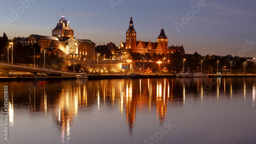 Szczecin. After dusk. A view of the Odra River and the historic part of the city, called the Chrobry Embankments. Poland