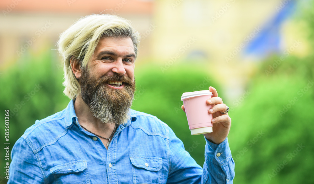Great morning meal. Coffee on the go. man with a cup of coffee outdoors. Handsome calm bearded man outdoors with a cup. Man drinking hot coffee. tourist relaxing in park drink tea or coffee Great morning meal. Coffee on the go. man with a cup of coffee outdoors. Handsome calm bearded man outdoors with a cup. Man drinking hot coffee. tourist relaxing in park drink tea or coffee