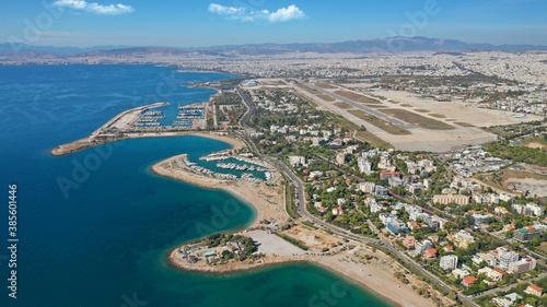 Aerial drone photo of Marina of Agios Kosmas and abandoned former international airport of Athens in Elliniko area  South Athens riviera  Attica  Greece