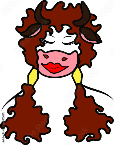 humanized portrait of a cow with closed eyes and two tails, drawn in vector, on a white background isolated