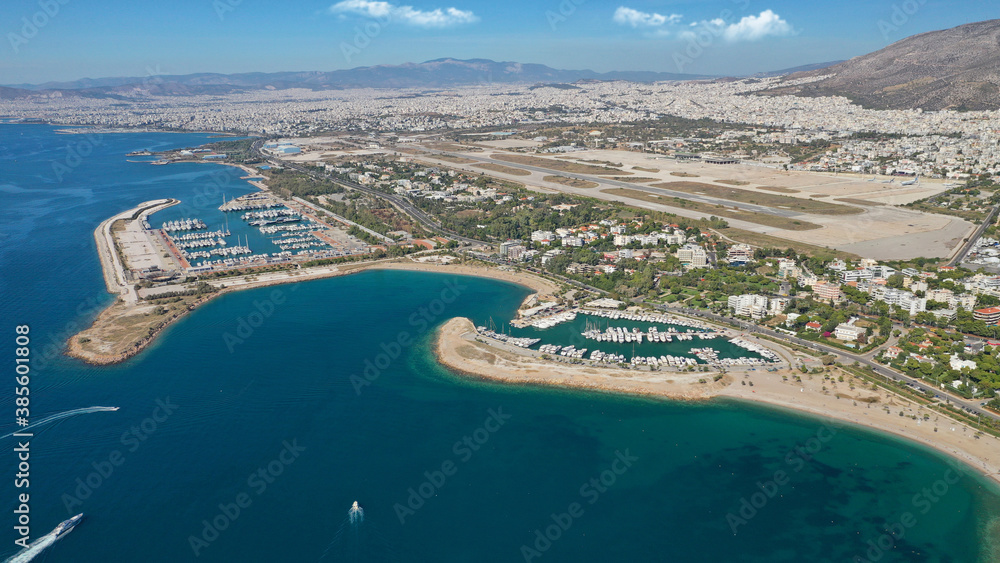 Aerial drone photo of Marina of Agios Kosmas and abandoned former international airport of Athens in Elliniko area, South Athens riviera, Attica, Greece
