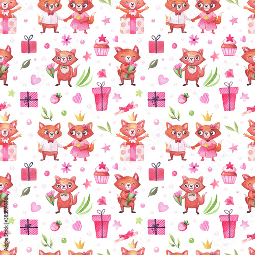 Fototapeta Naklejka Na Ścianę i Meble -  Watercolor pattern with cute foxes for the holidays, valentine's day, birthday. Background for party attributes