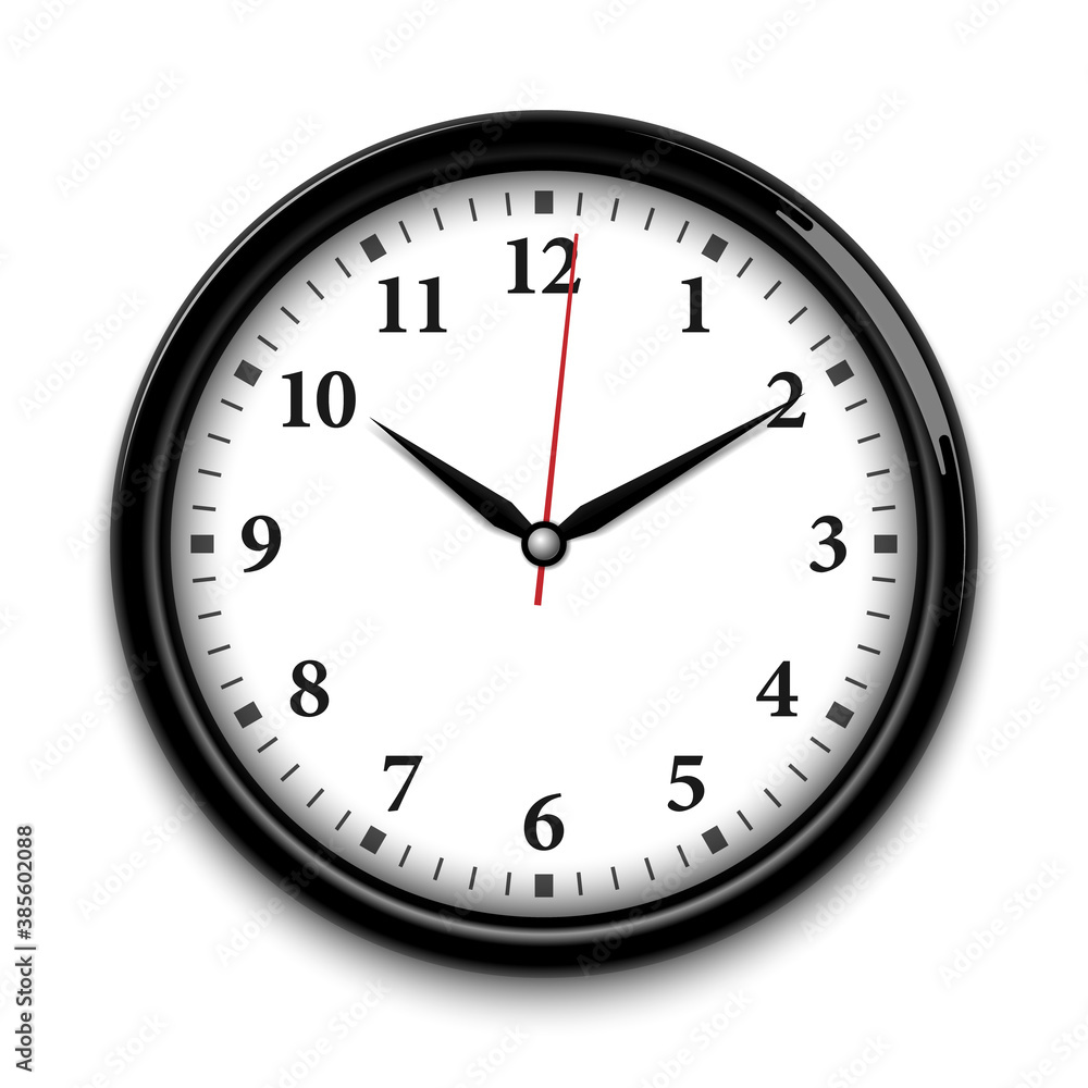 Black wall clock isolated on white background, realistic vector illustration Black wall clock isolated on white background, realistic vector illustration
